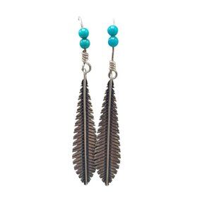 Sterling Silver Feather Earrings With Turquoise Beads Fish Hook Design